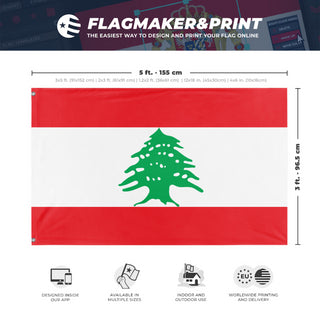 A mockup depicting custom flag specifications and measurements for 'Flag of Lebanon flag'