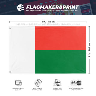 A mockup depicting custom flag specifications and measurements for 'Flag of Madagascar flag'