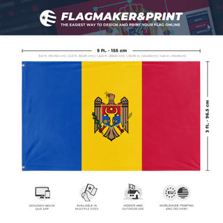 A mockup depicting custom flag specifications and measurements for 'Flag of Moldova flag'