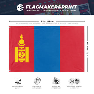 A mockup depicting custom flag specifications and measurements for 'Flag of Mongolia flag'