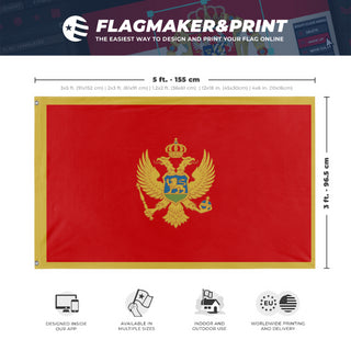 A mockup depicting custom flag specifications and measurements for 'Flag of Montenegro flag'