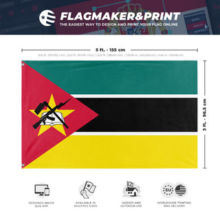 A mockup depicting custom flag specifications and measurements for 'Flag of Mozambique flag'