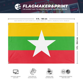 A mockup depicting custom flag specifications and measurements for 'Flag of Myanmar flag'