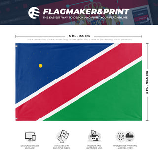 A mockup depicting custom flag specifications and measurements for 'Flag of Namibia flag'