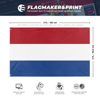 A mockup depicting custom flag specifications and measurements for 'Flag of Netherlands flag'