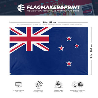 A mockup depicting custom flag specifications and measurements for 'Flag of New Zealand flag'