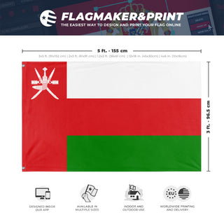 A mockup depicting custom flag specifications and measurements for 'Flag of Oman flag'