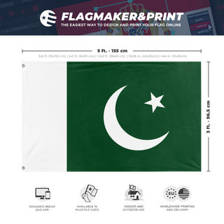 A mockup depicting custom flag specifications and measurements for 'Flag of Pakistan flag'