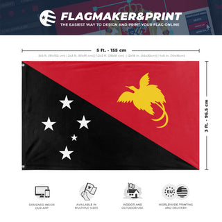 A mockup depicting custom flag specifications and measurements for 'Flag of Papua New Guinea flag'