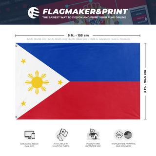 A mockup depicting custom flag specifications and measurements for 'Flag of Philippines flag'