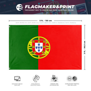 A mockup depicting custom flag specifications and measurements for 'Flag of Portugal flag'
