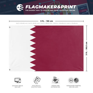 A mockup depicting custom flag specifications and measurements for 'Flag of Qatar flag'