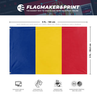 A mockup depicting custom flag specifications and measurements for 'Flag of Romania flag'