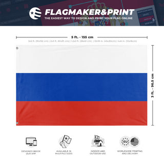 A mockup depicting custom flag specifications and measurements for 'Flag of Russia flag'