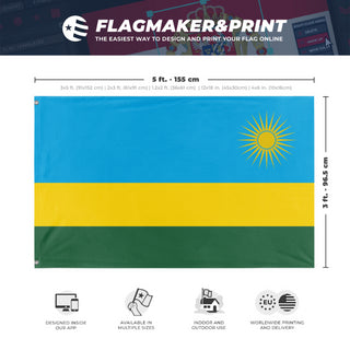 A mockup depicting custom flag specifications and measurements for 'Flag of Rwanda flag'