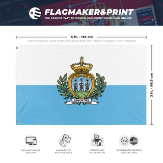 A mockup depicting custom flag specifications and measurements for 'Flag of San Marino flag'