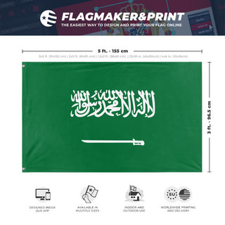 A mockup depicting custom flag specifications and measurements for 'Flag of Saudi Arabia flag'