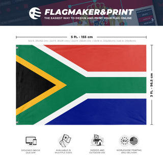 A mockup depicting custom flag specifications and measurements for 'Flag of South Africa flag'