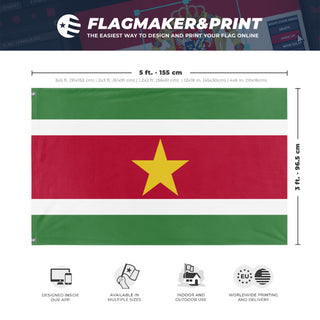 A mockup depicting custom flag specifications and measurements for 'Flag of Suriname flag'