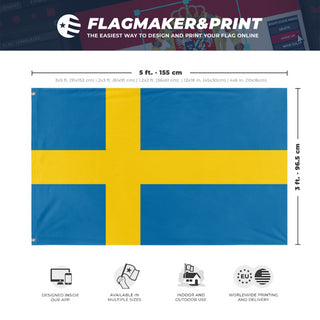 A mockup depicting custom flag specifications and measurements for 'Flag of Sweden flag'