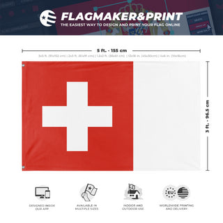 A mockup depicting custom flag specifications and measurements for 'Flag of Switzerland flag'