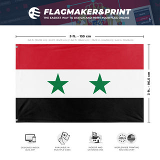 A mockup depicting custom flag specifications and measurements for 'Flag of Syria flag'