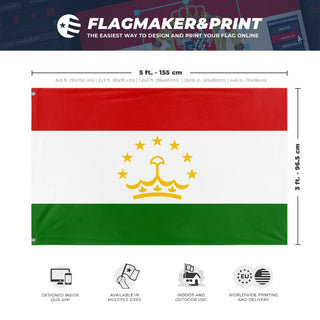 A mockup depicting custom flag specifications and measurements for 'Flag of Tajikistan flag'