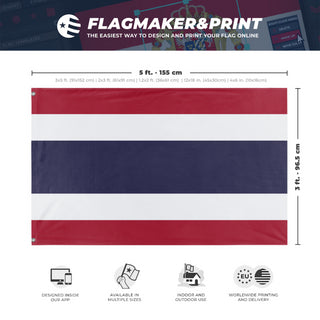 A mockup depicting custom flag specifications and measurements for 'Flag of Thailand flag'