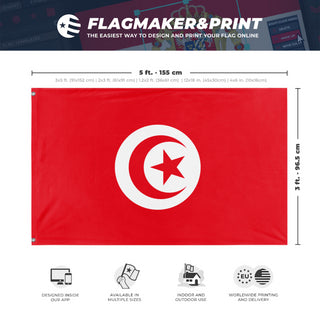 A mockup depicting custom flag specifications and measurements for 'Flag of Tunisia flag'