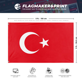 A mockup depicting custom flag specifications and measurements for 'Flag of Turkey flag'