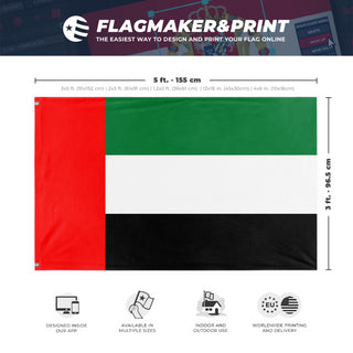 A mockup depicting custom flag specifications and measurements for 'Flag of United Arab Emirates flag'