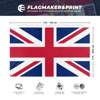 A mockup depicting custom flag specifications and measurements for 'Flag of United Kingdom flag'