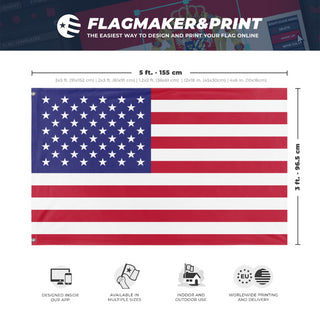 A mockup depicting custom flag specifications and measurements for 'Flag of United States of America flag'
