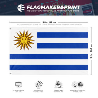 A mockup depicting custom flag specifications and measurements for 'Flag of Uruguay flag'