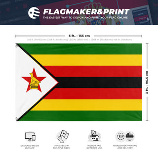 A mockup depicting custom flag specifications and measurements for 'Flag of Zimbabwe flag'