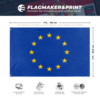 A mockup depicting custom flag specifications and measurements for 'EU Flag'