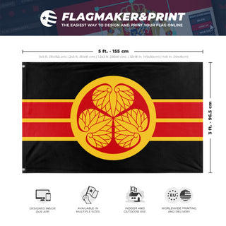 A mockup depicting custom flag specifications and measurements for 'Japanese Shogunate Flag'