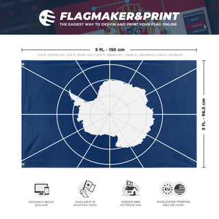 A mockup depicting custom flag specifications and measurements for 'Antarctica Flag'