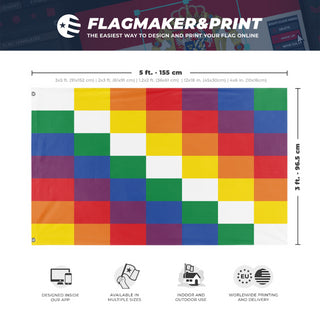 A mockup depicting custom flag specifications and measurements for 'Indigenous People of South America Flag'