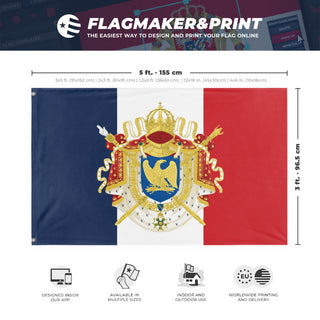 A mockup depicting custom flag specifications and measurements for 'French Empire Flag'