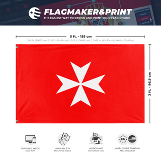 A mockup depicting custom flag specifications and measurements for 'Military Order of Malta Flag'