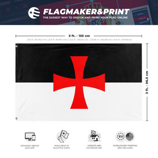 A mockup depicting custom flag specifications and measurements for 'Templar Cross Flag'