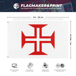 A mockup depicting custom flag specifications and measurements for 'Portuguese Order of Christ Flag'