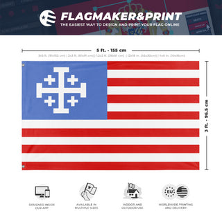 A mockup depicting custom flag specifications and measurements for 'United States flag with Templar Cross flag'