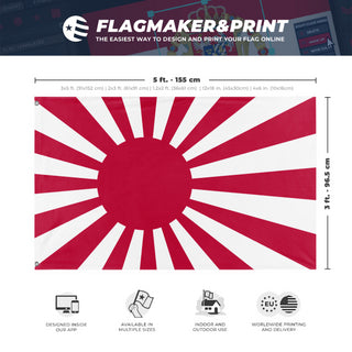 A mockup depicting custom flag specifications and measurements for 'Japanese Empire Flag'