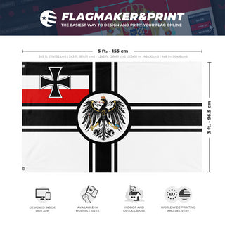 A mockup depicting custom flag specifications and measurements for 'WW1 War Ensign of Germany flag'