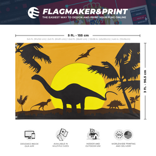 A mockup depicting custom flag specifications and measurements for 'Dinosaur Flag'