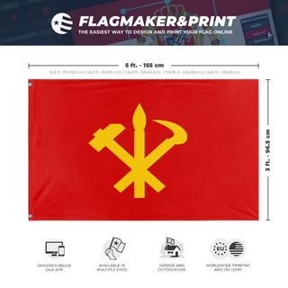 A mockup depicting custom flag specifications and measurements for 'North Korean Communist Party Flag'