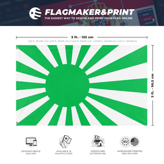 A mockup depicting custom flag specifications and measurements for 'Japanese Rising Sun Green Flag'