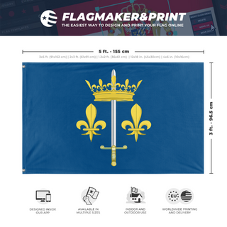 A mockup depicting custom flag specifications and measurements for 'Joan of Arc Flag'